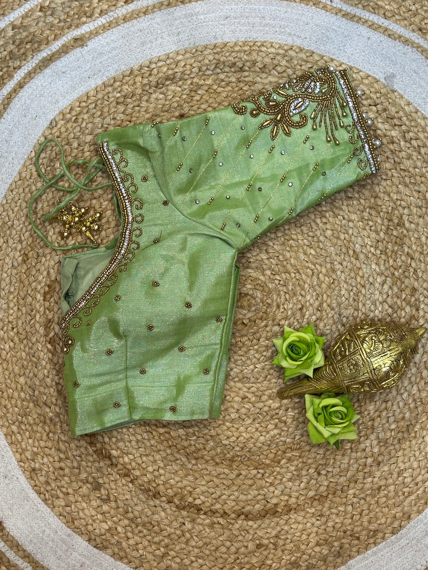 36” Small size Aari Worked Sari Blouse Indian Saree Metallic Green B201