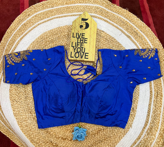 40” Aari hand Worked Sari Blouse Indian Top Choli Silk Royal Blue B34