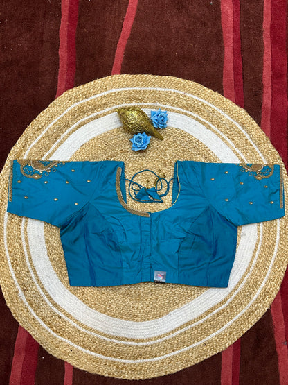 46” Size 16 Aari Worked Sari Blouse Indian Saree Top Silk Blue B197