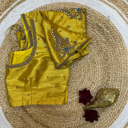 44” Size 14 Aari Worked Sari Blouse Indian Saree Top Silk Yellow B252