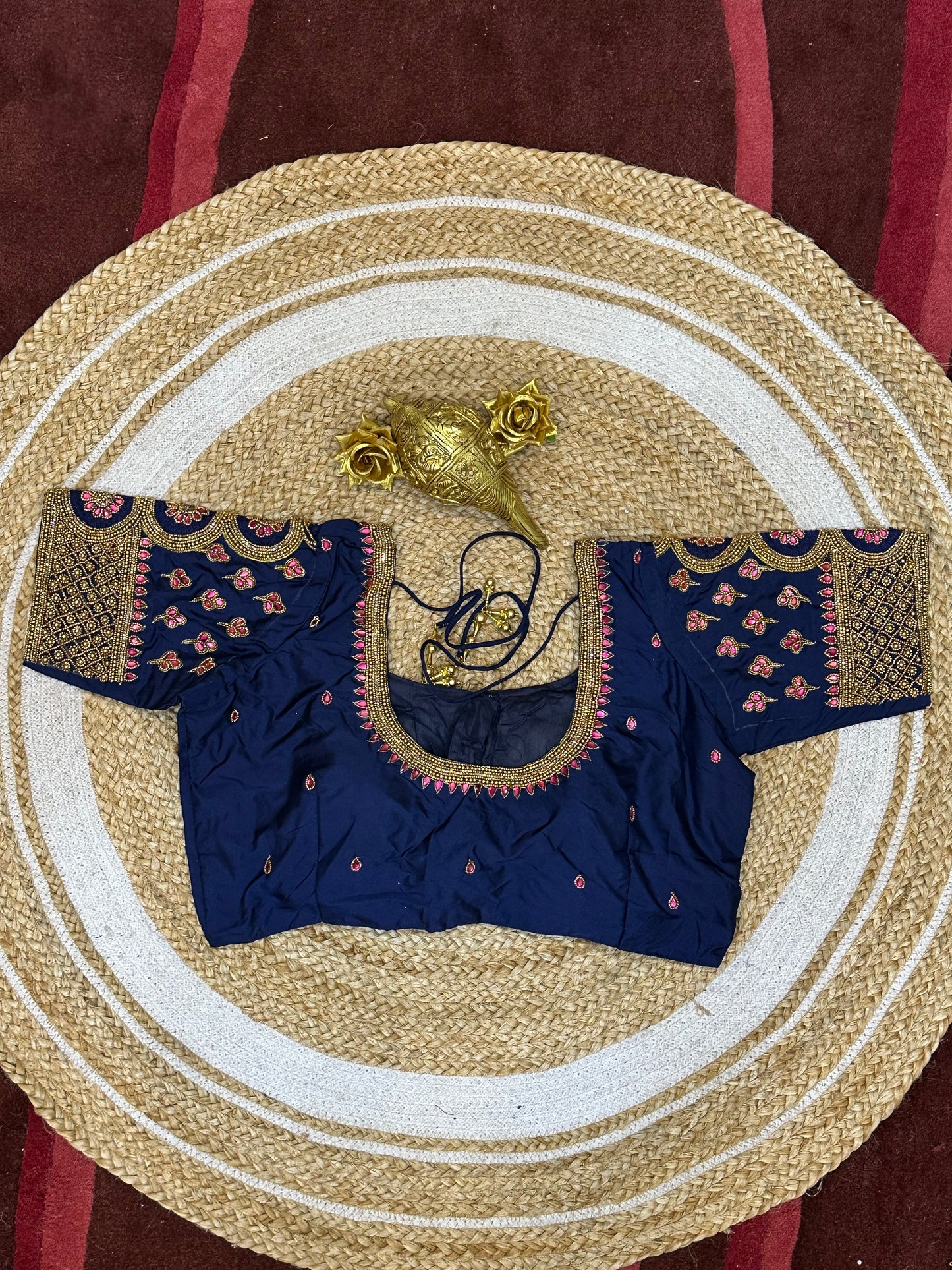 40” Size 10 Aari Worked Sari Blouse Indian Saree Top Silk Blue B75