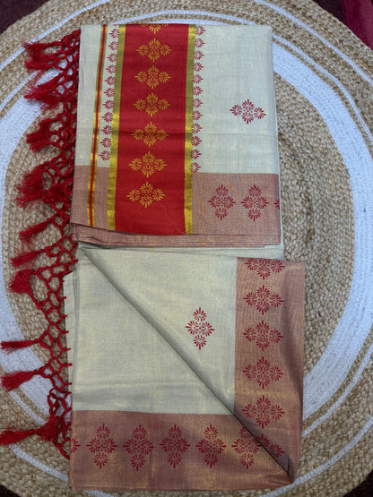 Green Kerala Vishu Sari Indian Cream Tissue Saree C9 - Col 2