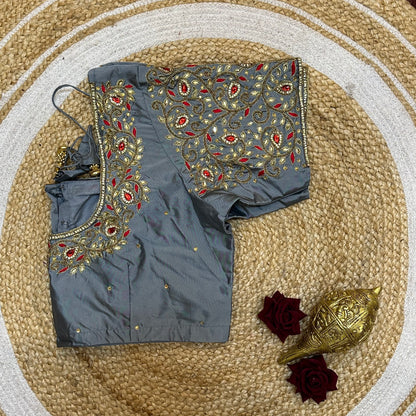 L44” Size 14 Aari Worked Sari Blouse Indian Saree Top Silver B260