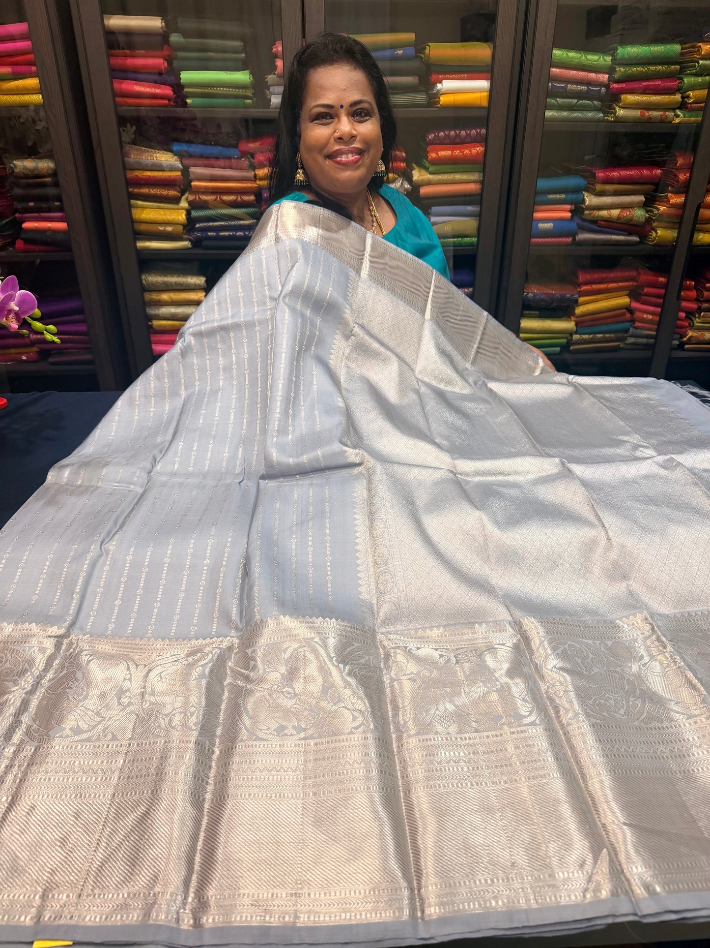 Kanchipuram Pure Silk Saree Bridal Indian Kanjivaram Sari Grey SPK339