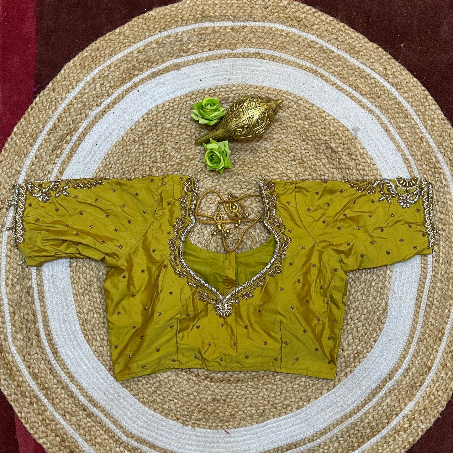 38” M Size 8 Aari Worked Sari Blouse Indian Saree Mehendi Green B310