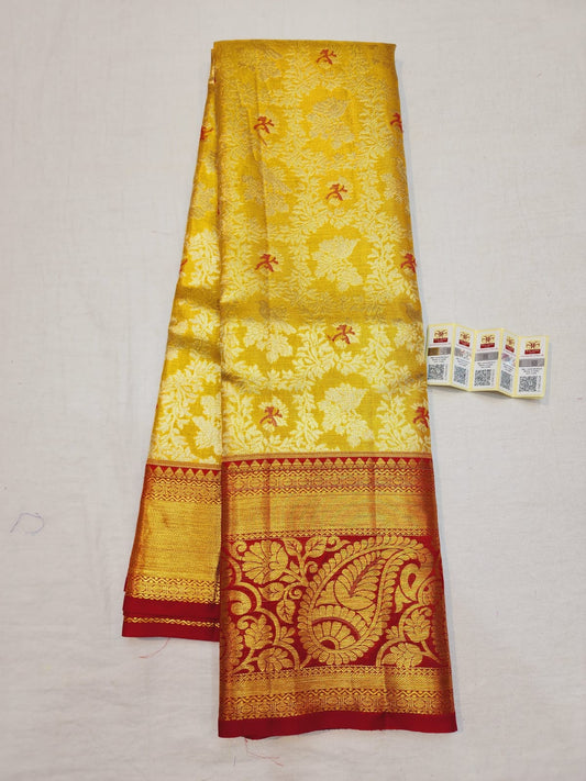 Tissue Bridal Kanchipuram Pure Silk Saree Yellow & Maroon Kanjivaram Sari| SPK113
