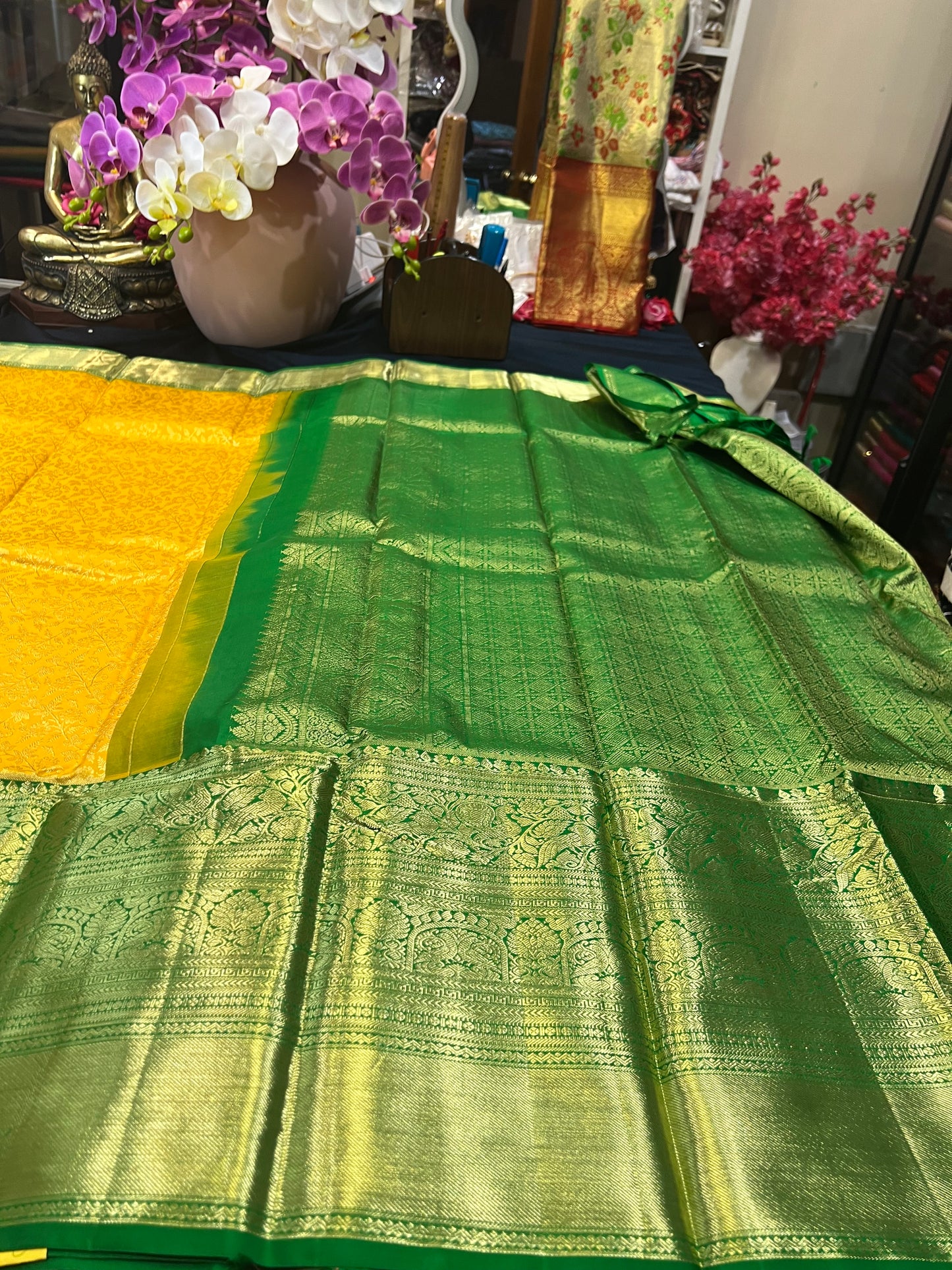 Kanchipuram Pure Silk Saree Yellow & Green Kanjivaram Sari| SPK087