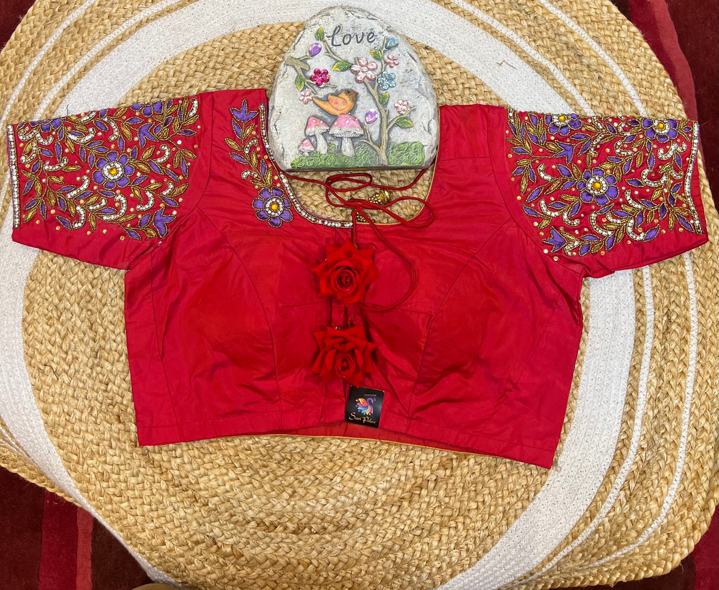 40” Aari hand Worked Sari Blouse Indian Top Choli Silk Red B32