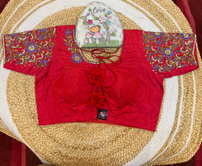 40” Aari hand Worked Sari Blouse Indian Top Choli Silk Red B32