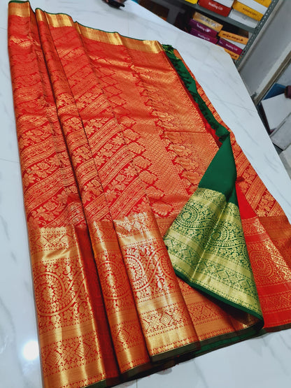 Kanchipuram Pure Silk Saree Red Bridal Kanjivaram Sari| SPK163