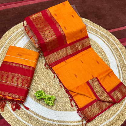 Mango Yellow & Red Kalyani Silk Cotton Sari South Indian Saree S140