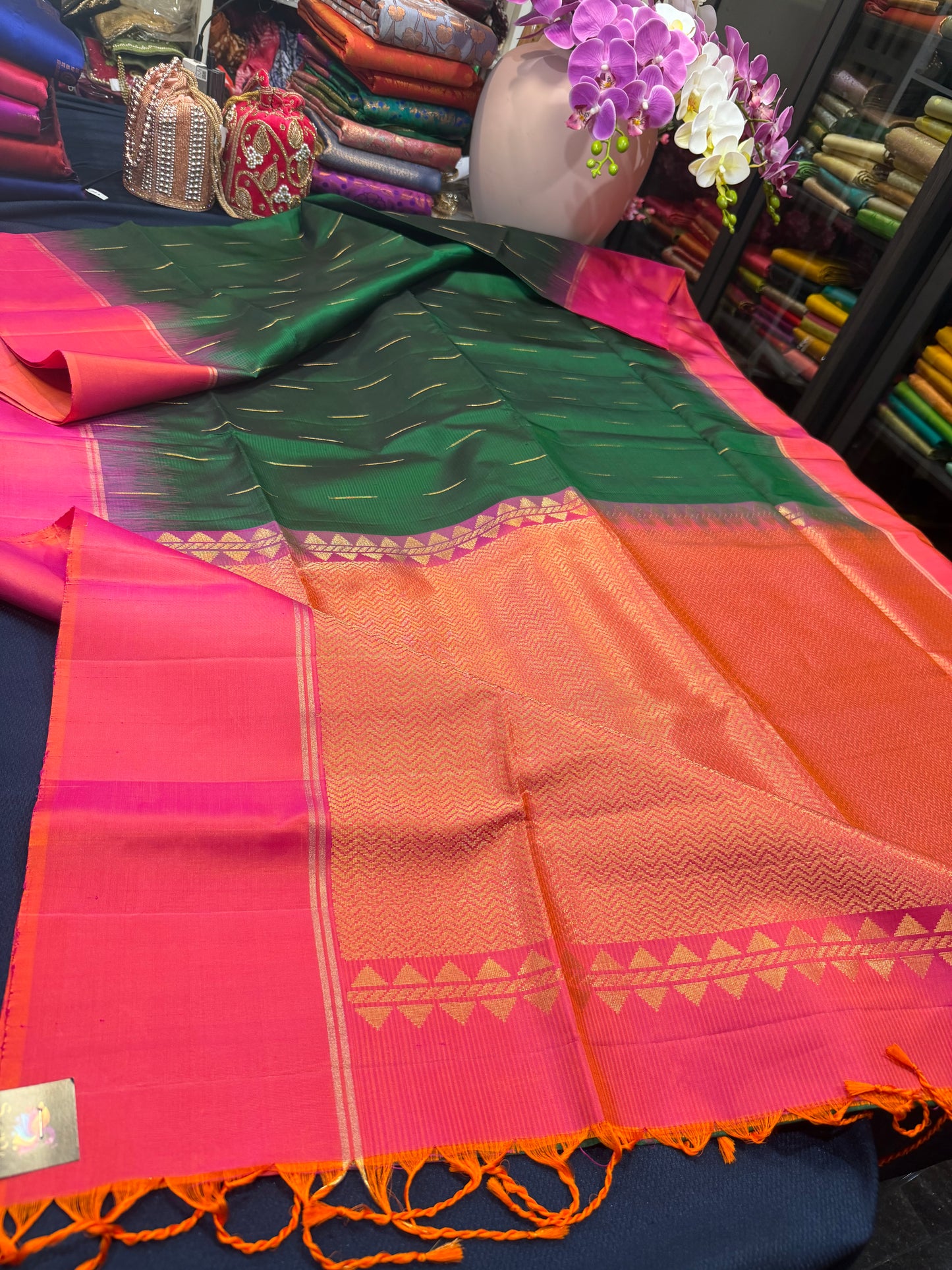 Kanchipuram Soft Silk Saree Pure Silk Sari Green Orange Colour | SS2