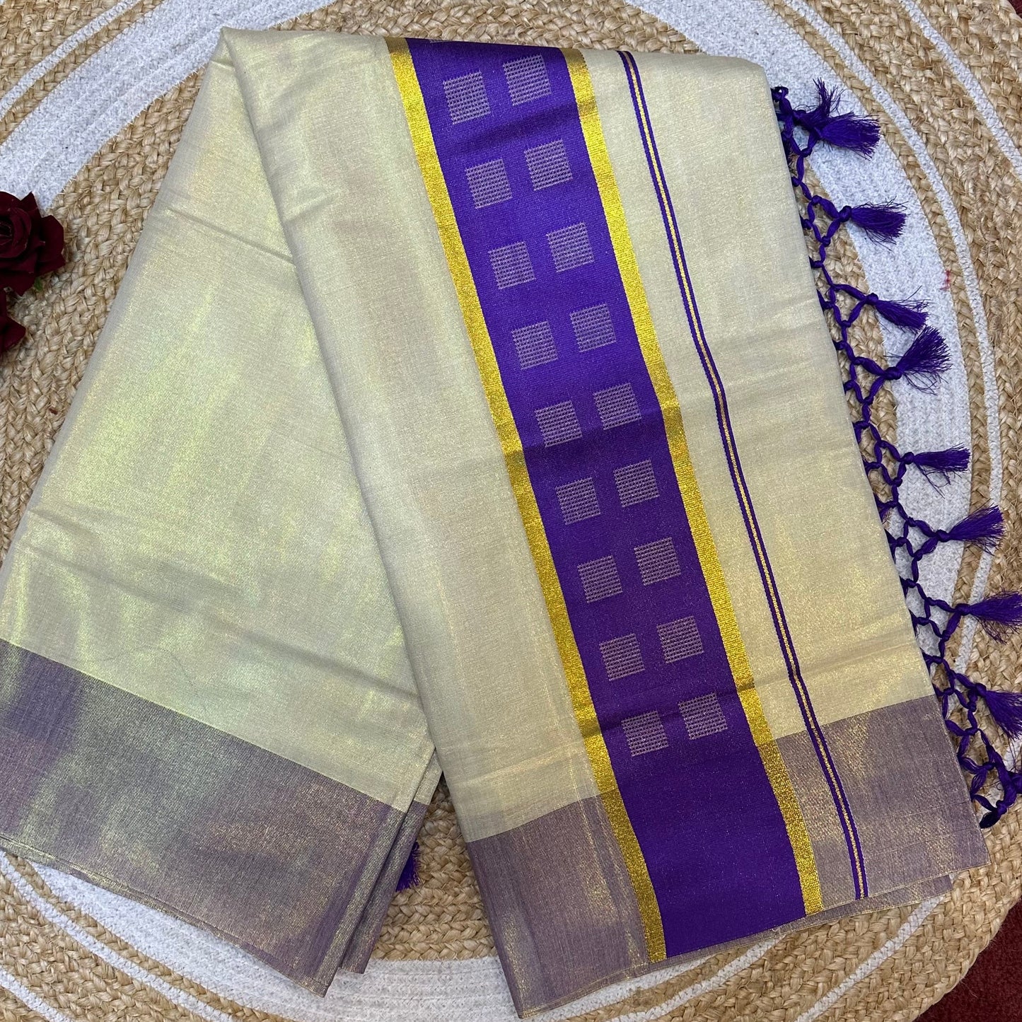 Brown Kerala Vishu Sari Indian Cream Tissue Saree C34