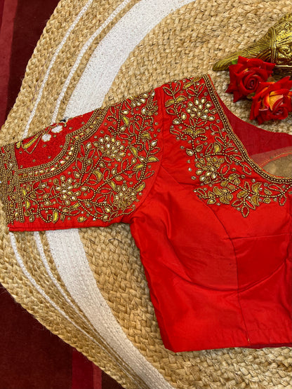 40” Bridal Aari hand Worked Sari Blouse Indian Top Choli Silk Red B35