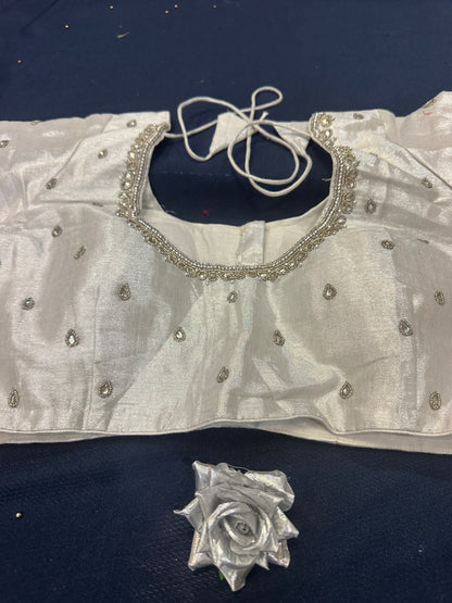 40” Aari hand Worked Sari Blouse Indian Top Choli Silk Silver B23