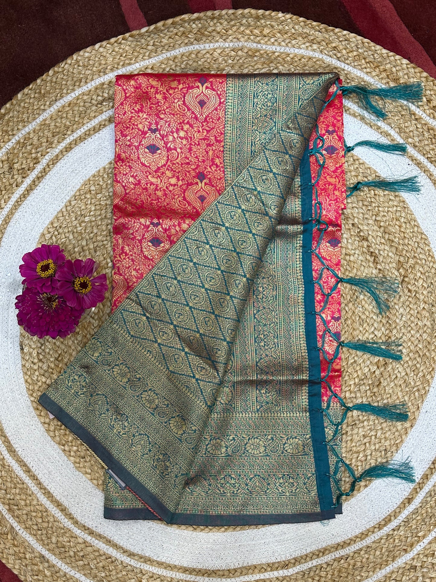 Art Silk Sari Indian Fancy Saree Red & Teal S73