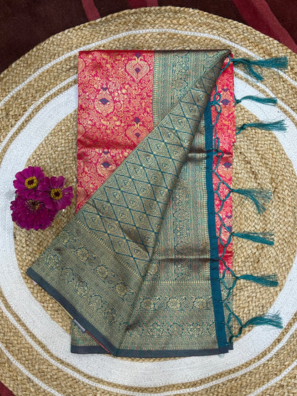 Art Silk Sari Indian Fancy Saree Red & Teal S73