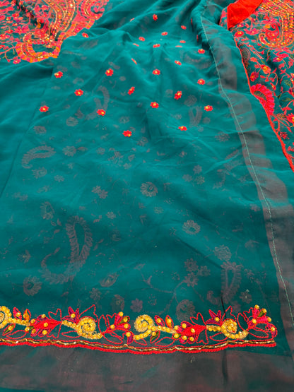 Sari Indian Fancy Party wear Kashmiri Georgette Teal Blue Saree SAR10