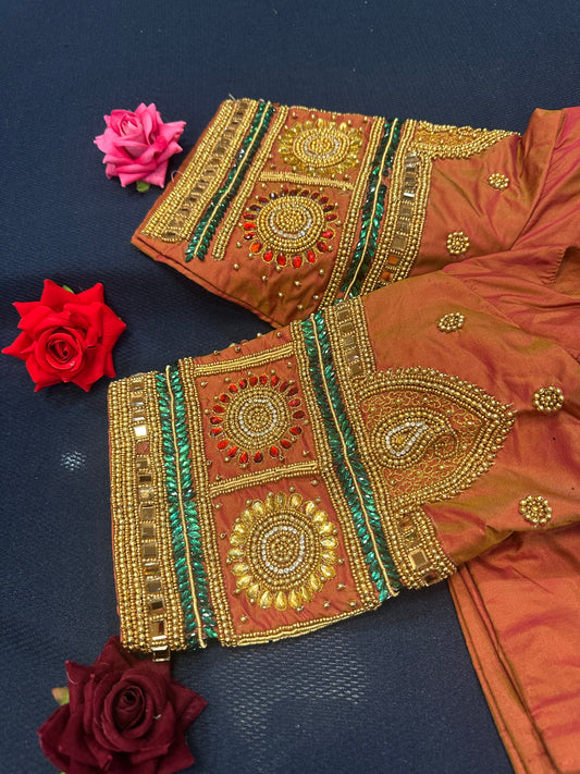 40” Aari hand Worked Sari Blouse Indian Top Choli Silk Rusty Orange B19