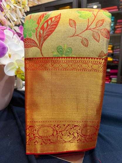 Bridal Tissue Kanchipuram Pure Silk Saree Gold & Red Kanjivaram Sari| SPK076