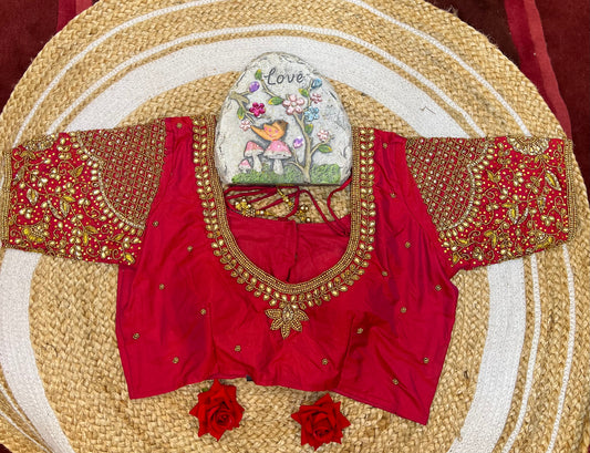 40” Bridal Aari hand Worked Sari Blouse Indian Top Choli Silk Red B39