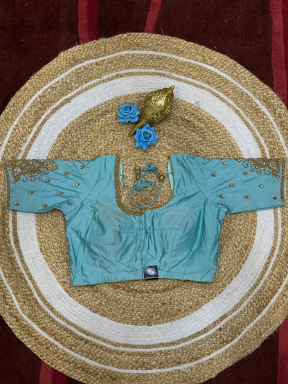 36” Small size Aari Worked Sari Blouse Indian Saree Sky Blue B212