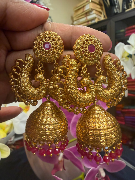 Ruby Jumka Jhumka Indian Brass Earrings Jimikki Kammal Indian Jewellery E26