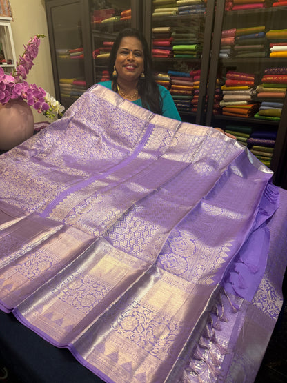 Bridal Kanchipuram Pure Silk Saree Kanjivaram handloom Lavender Sari SPK468