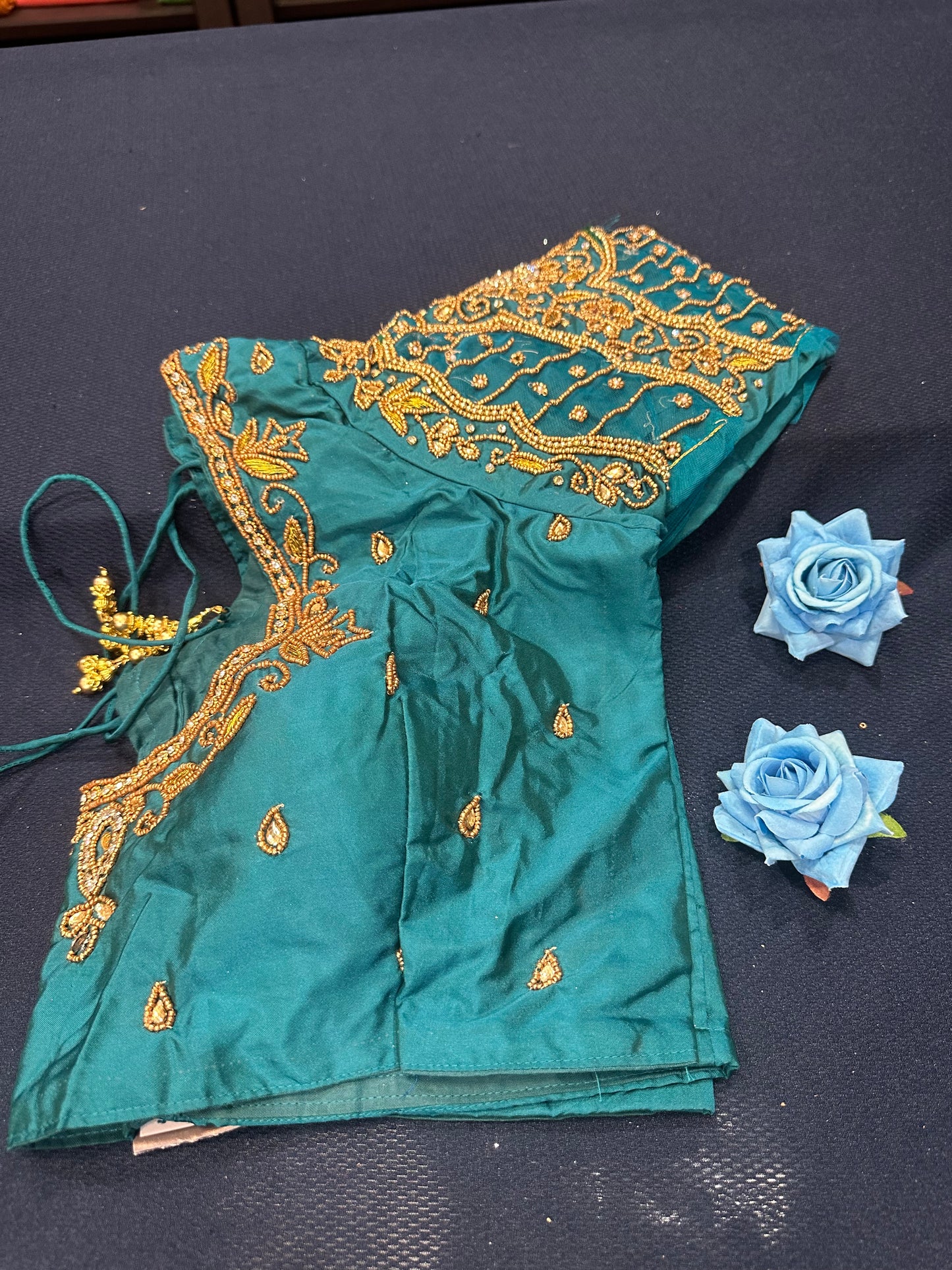 40” Aari hand Worked Sari Blouse Indian Top Choli Silk Teal Green B14