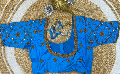 34” XSmall size Aari Worked Sari Blouse Indian Saree Top BLUE B143