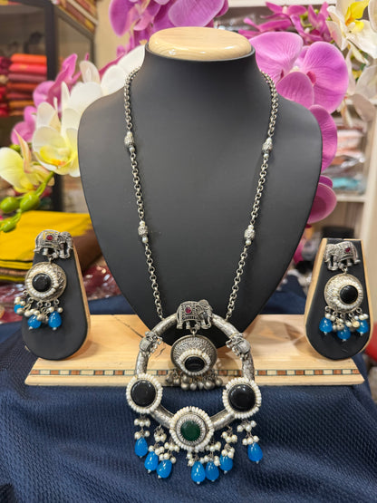 Handmade Brass Black Blue Necklace with Silver polish Indian Tribal Jewelry N90