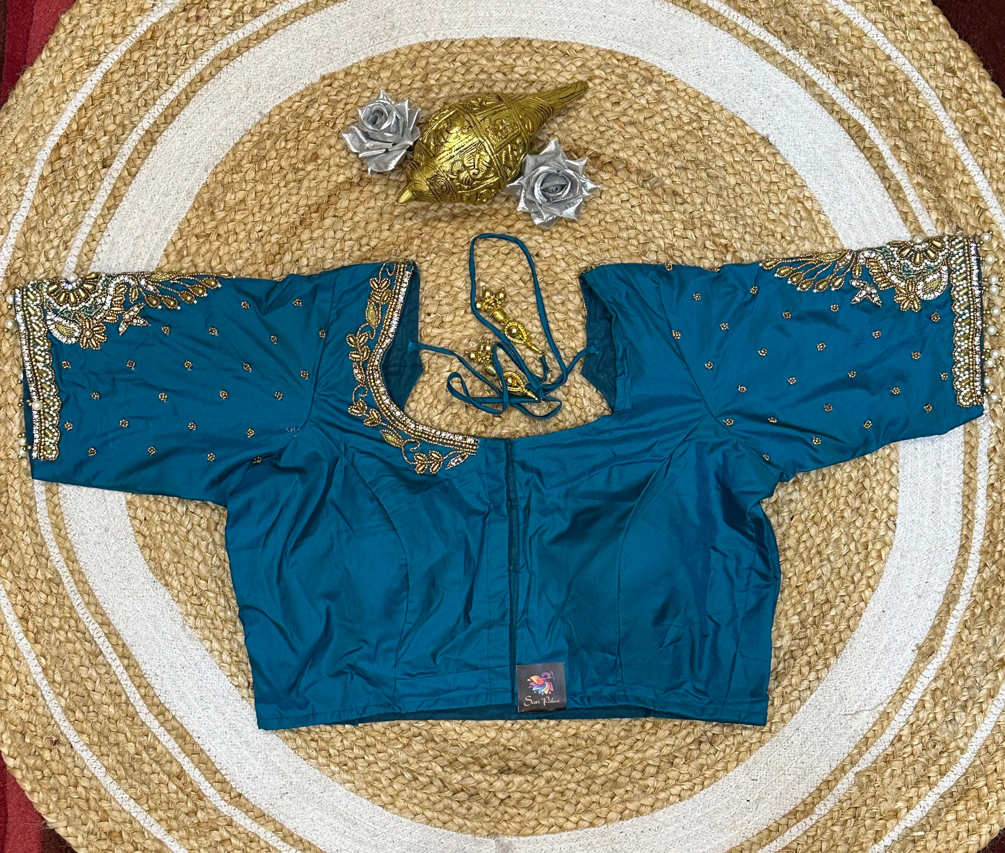 38” M Size 8 Aari Worked Sari Blouse Indian Saree Top Blue B179