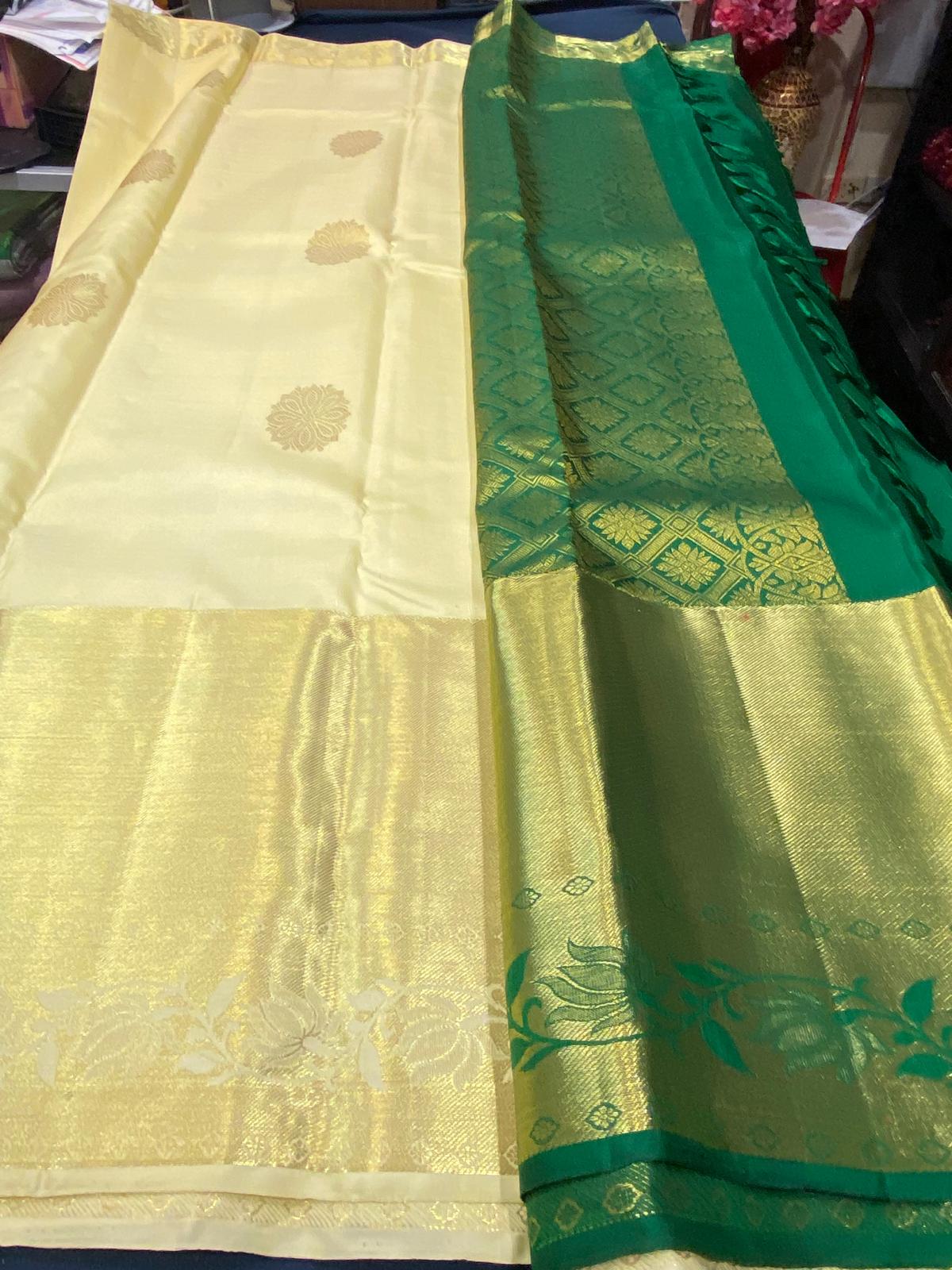 Kanchipuram Pure Silk Saree Cream & Green Kanjivaram Sari| SPK133