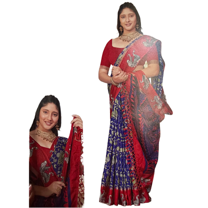 Indian Crape Silk Saree Kalamkari Printed Sari S150