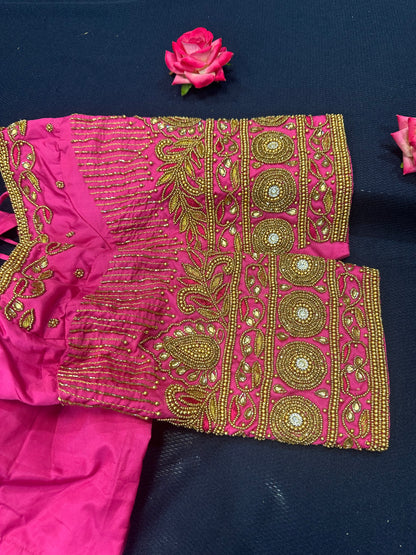 40” Aari hand Worked Sari Blouse Indian Top Choli Silk Pink Gold B11