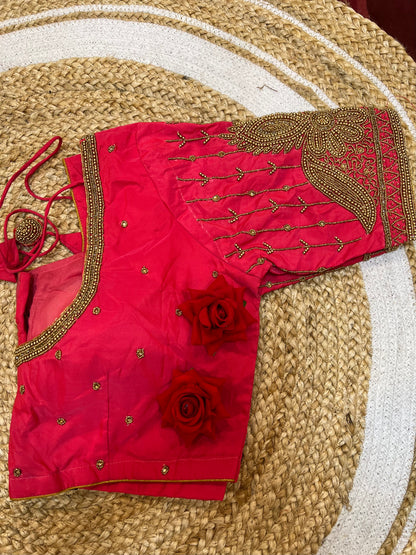 40” Bridal Aari hand Worked Sari Blouse Indian Top Choli Silk Red B38