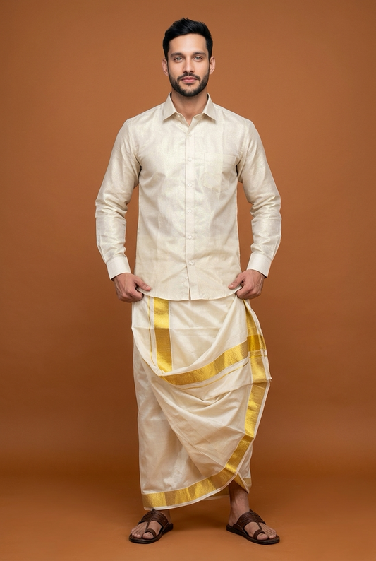 Men’s South Indian Vesti Shirt Combo Tissue Cream Gold Dhotti V3