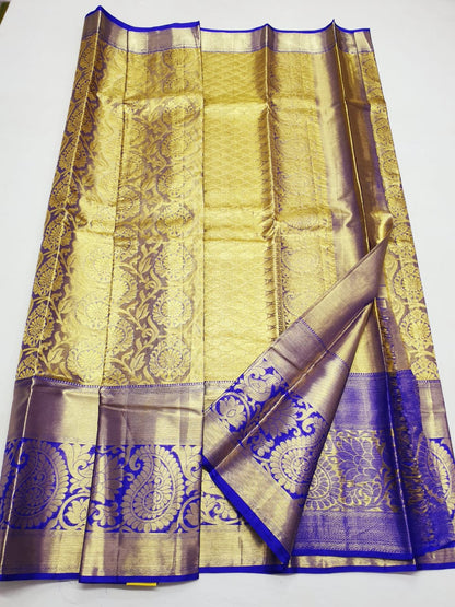 Kanchipuram Tissue Bridal Pure Silk Saree with Gold Zari Blue & Gold Sari| SPK097