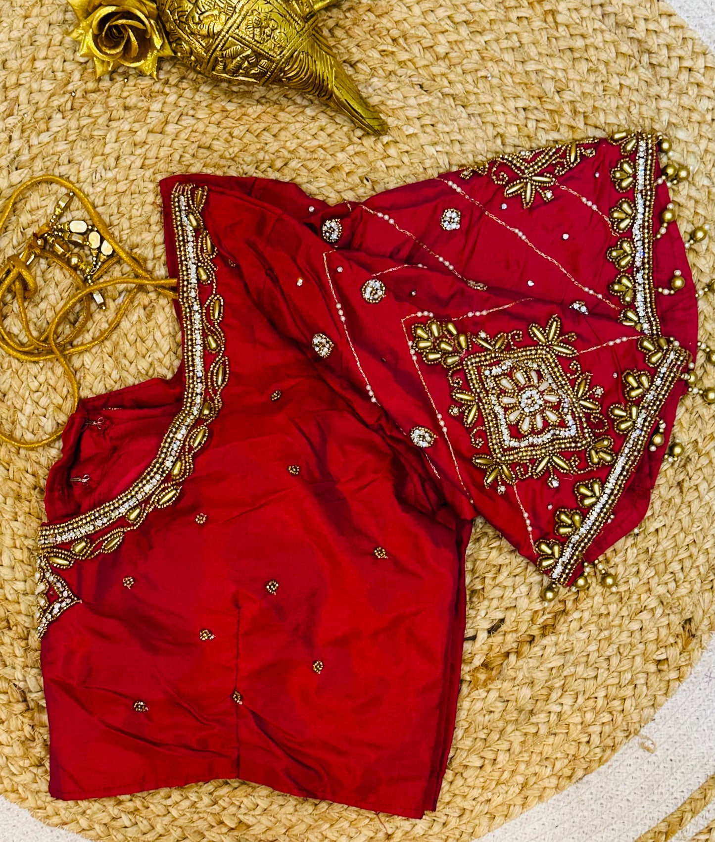 40” Size 10 Aari Worked Sari Blouse Indian Saree Top Silk Pinkish Red B73