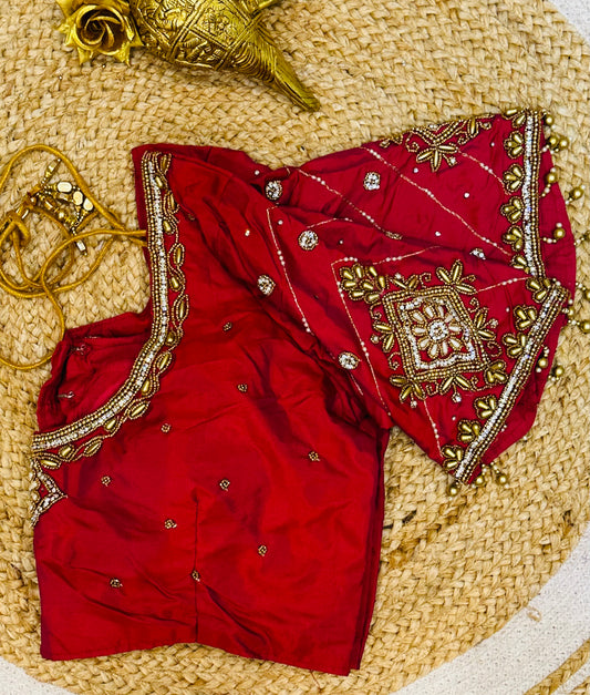 40” Size 10 Aari Worked Sari Blouse Indian Saree Top Silk Pinkish Red B73