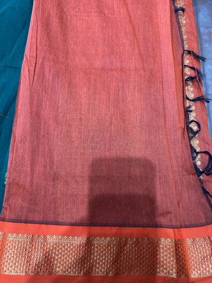 Kalyani Silk Cotton Sari Indian Saree Green & Orange S58