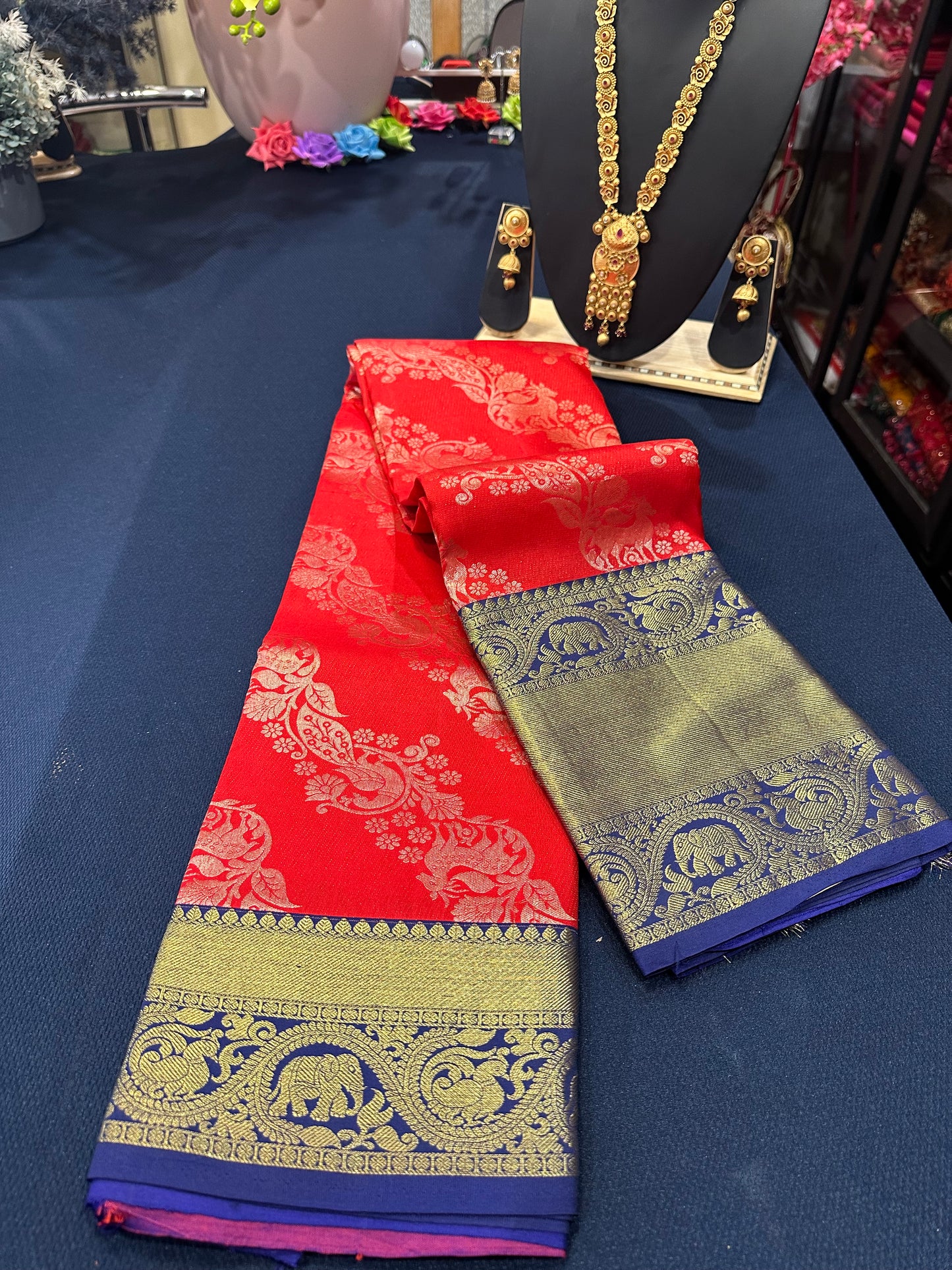 Bridal Kanchipuram Pure Silk Saree Red & Blue Kanjivaram Sari| SPK130