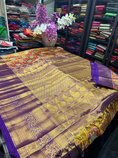 Kanchipuram Pure Silk Bridal Tissue Saree Indian Kanjivaram Floral Sari SPK385
