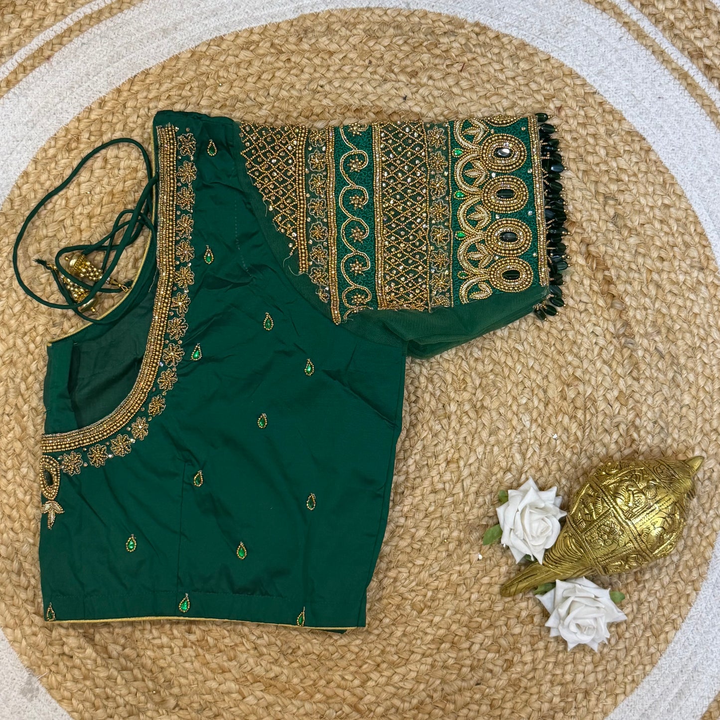 46” Size 16 Aari Worked Sari Blouse Indian Saree Top Silk Bottle Green B219