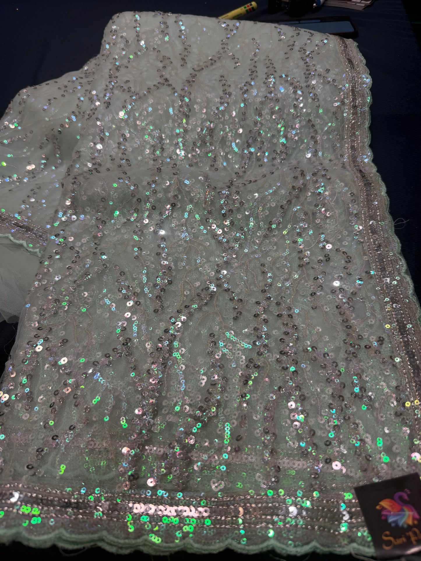 Net Sari Indian Bollywood Sequins Designer Fancy Party wear Saree Aqua Z2