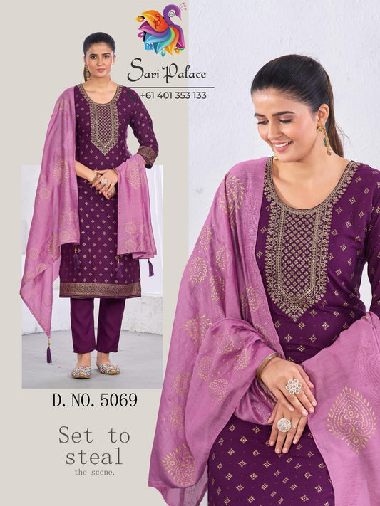 Indian Ladies Outfit Purple Wine Rayon Salwar Kameez Kurti Suit SS30