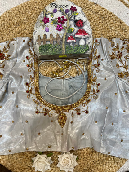 40” Aari hand Worked Sari Blouse Indian Top Choli Silk White B28