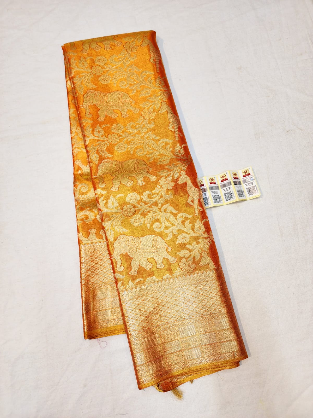Bridal Tissue Kanchipuram Pure Silk Saree Orangish Gold Kanjivaram Sari| SPK087