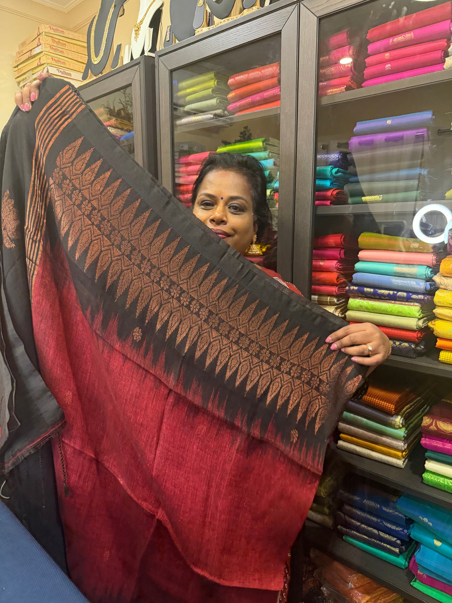 Silk Cotton Linen Sari Indian Saree Copper Jari Maroon Black S129