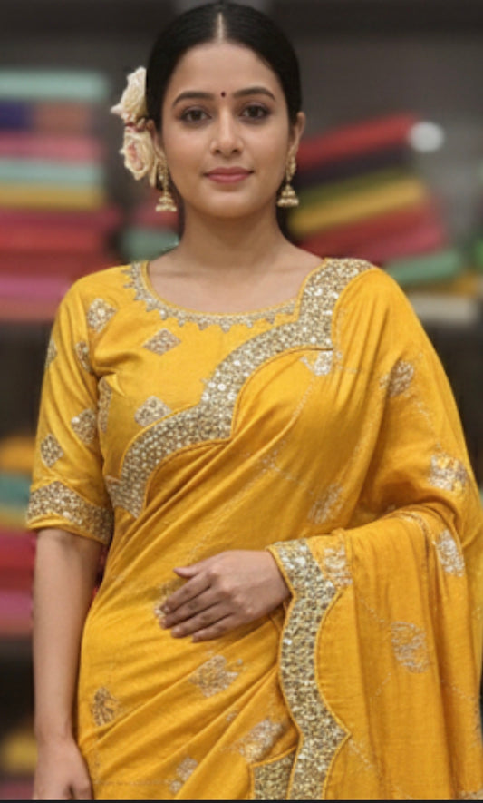 Yellow Fancy Party wear Sari Indian Saree Blouse Combo S85